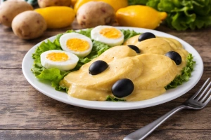 plato de papa a la huancaína cremosa con aceitunas y rodajas de huevo