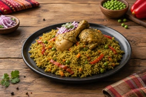 Plato colorido con arroz amarillo pollo jugoso y verduras frescas