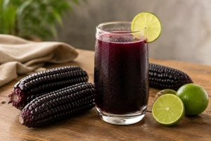 vaso de chicha morada con mazorcas de maíz morado y rodaja de limón