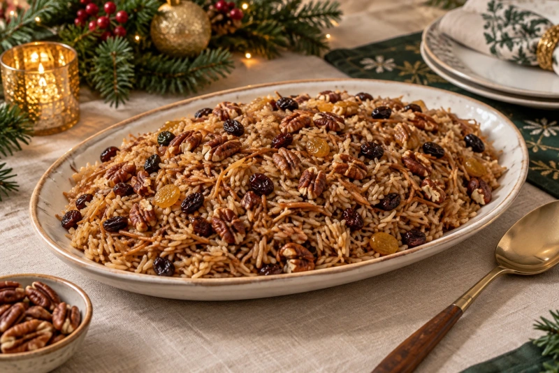 Delicioso arroz árabe peruano con frutos secos y especias