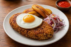 Plato de tacu tacu dorado con salsa criolla, huevo frito y plátano frito al lado
