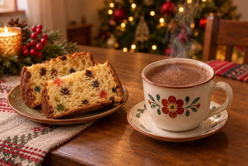 Taza de chocolate navideño peruano junto a dos porciones de panetón