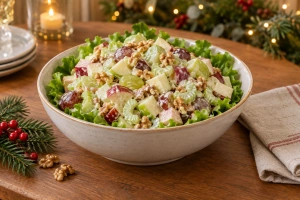 plato con ensalada waldorf sobre mesa navideña