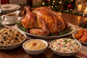 Pavo al horno en bandeja con guarniciones navideñas