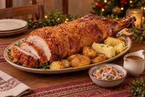 Pierna de lechón al horno dorado y jugoso cocinado a la perfección