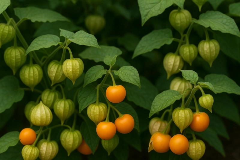 frutos de aguaymanto frescos en una planta verde con luz suave