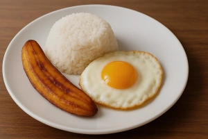 delicioso arroz a la cubana peruano con plátano y huevo frito