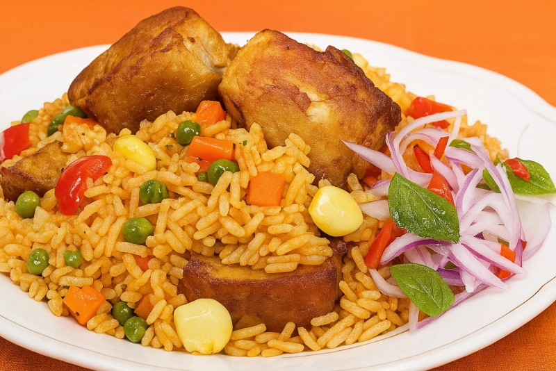 delicioso arroz con chancho servido en un plato blanco