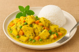 delicioso cau cau de pollo servido con papas y arroz blanco