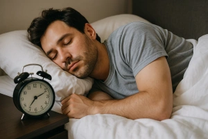 imagen de una persona durmiendo con su despertador al lado