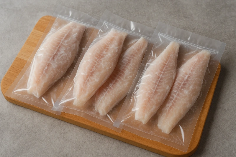 pescado descongelándose de manera segura en una tabla de picar