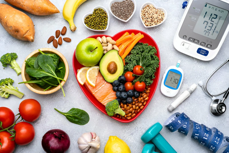 imagen con muchas frutas, un tensiómetro y un glucómetro