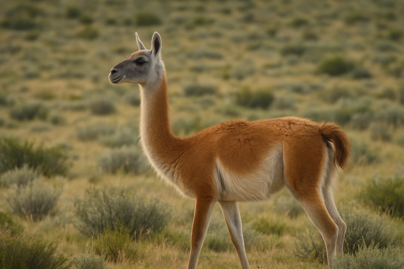 guanaco en su hábitat natural pastando en la puna peruana
