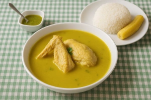 delicioso inchicapi de gallina con con arroz blanco y plátano