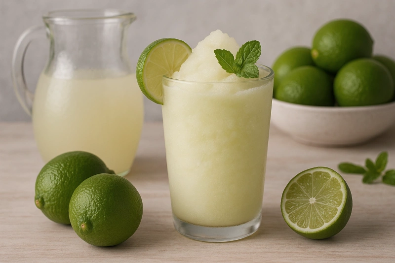 refrescante limonada frozen en vaso con rodaja de limón y menta