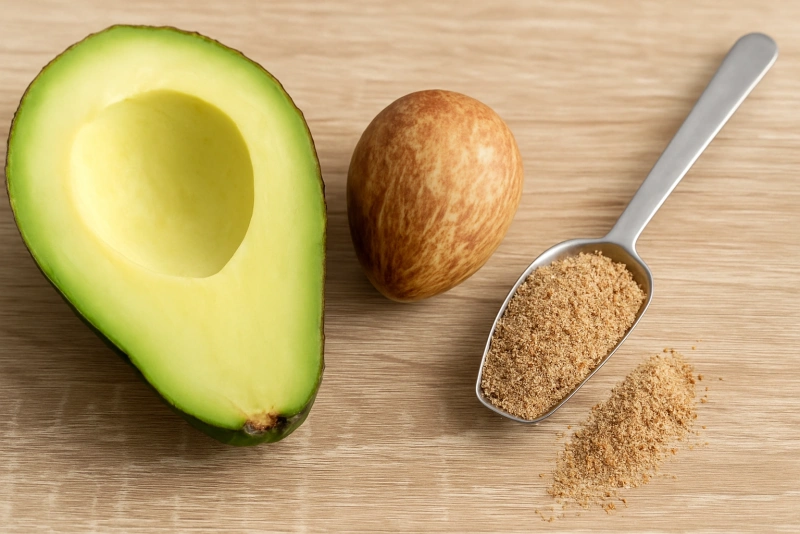 mitad de una palta junto a la semilla y polvo de la misma