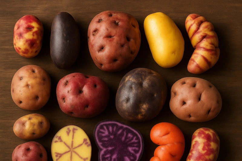 variedad de papas peruanas sobre una mesa de madera