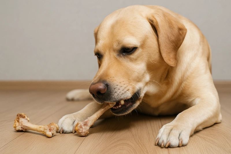 perro mordisqueando un hueso de pollo en el suelo