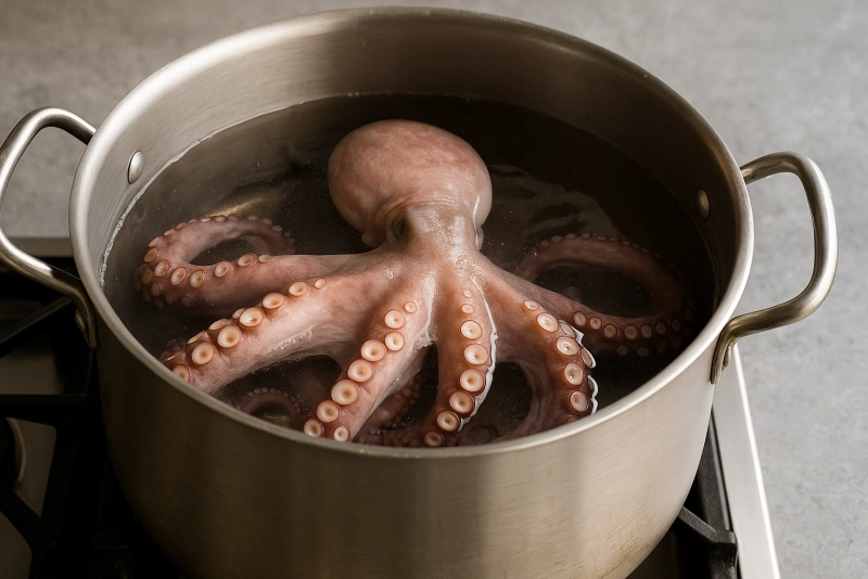 olla de acero inoxidable sobre una cocina con pulpo