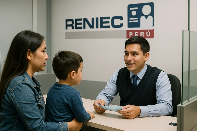 madre de familia con su menor hijo tramitando de reniec su dni