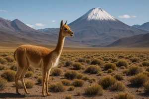 vicuña en su hábitat natural andino pastando serenamente