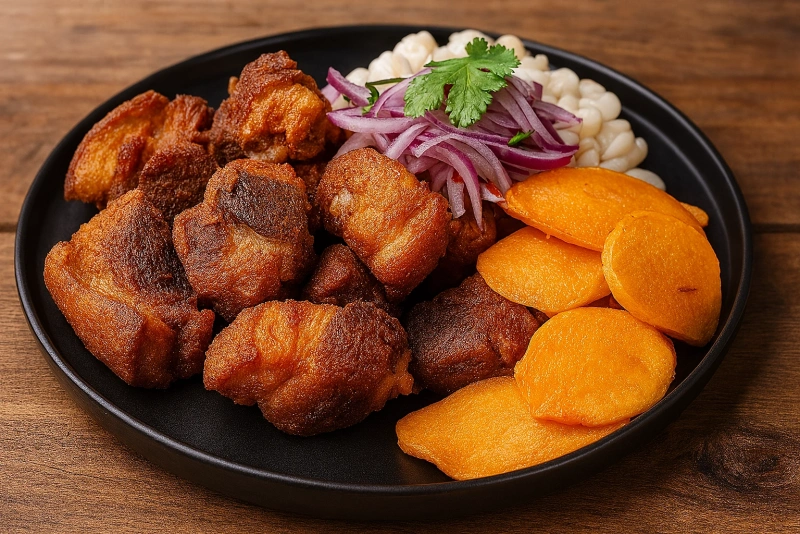 delicioso chicharrón de chancho peruano dorado y crujiente