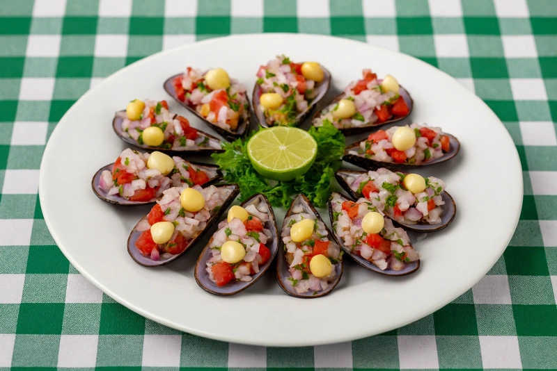 deliciosos choritos a la chalaca con cebolla y limón frescos
