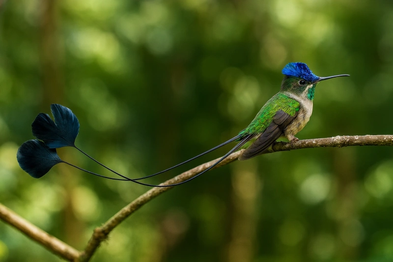 colibrí cola de espátula posado en una rama en su hábitat natural