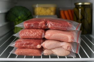 carne almacenada de manera segura en el refrigerador