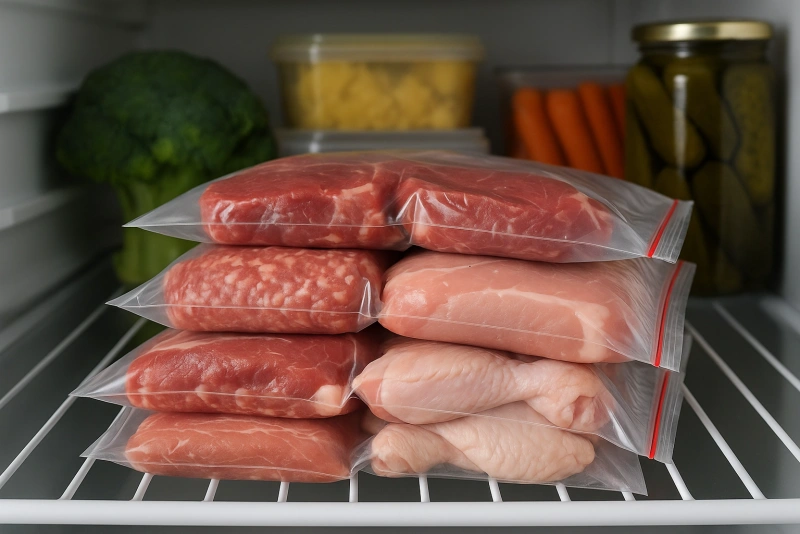 carne almacenada de manera segura en el refrigerador