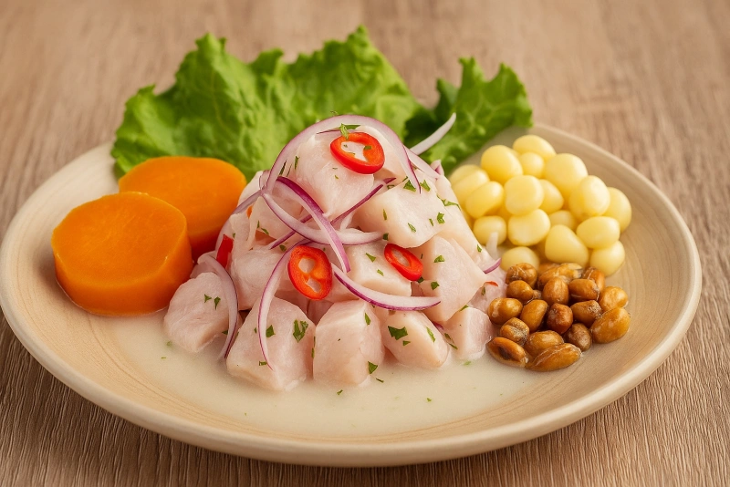 delicisioso plato de ceviche peruano con choclo, cancha y camote