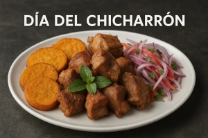 plato de delicioso chicharrón peruano con salsa criolla y camote