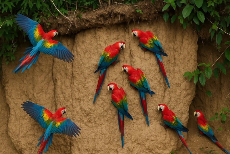 imagen de collpas de guacamayos en tambopata
