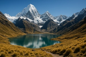 vista de un nevado en perú junto a una laguna