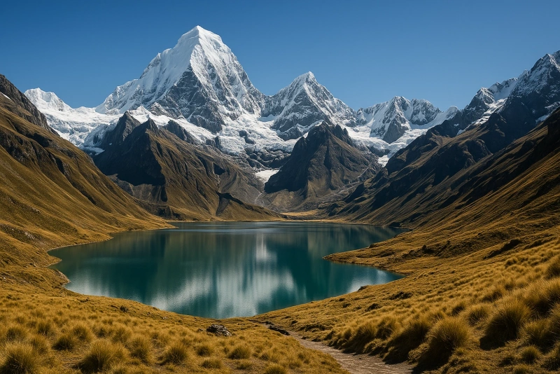 vista de un nevado en perú junto a una laguna
