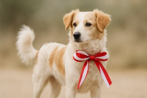 hermoso pastor chiribaya con un lazo rojiblanco en el cuello