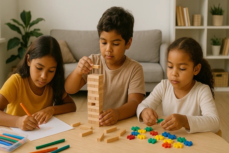 niños disfrutando de manualidades y juegos en casa juntos