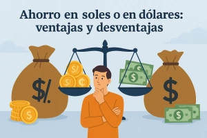 billetes y monedas en balanzas representando ahorro en soles y dólares