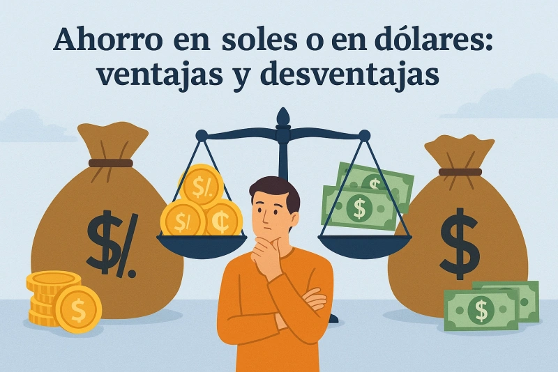billetes y monedas en balanzas representando ahorro en soles y dólares