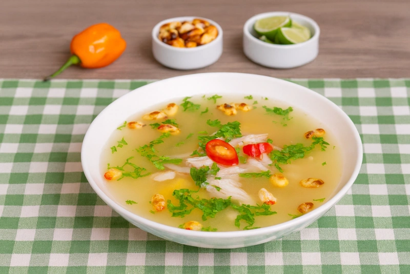 delicioso chilcano de pescado peruano con hierbas frescas y cancha