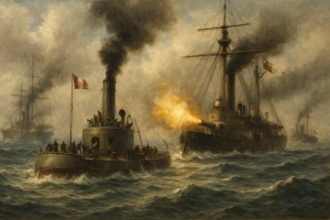 imagen tipo pintura realista del combate naval de angamos