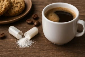 taza de café y suplemento de magnesio sobre una mesa