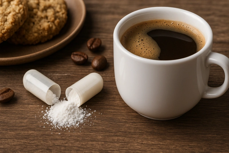 taza de café y suplemento de magnesio sobre una mesa