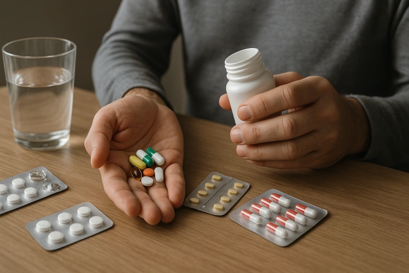 persona sosteniendo pastillas y un vaso de agua en la mano