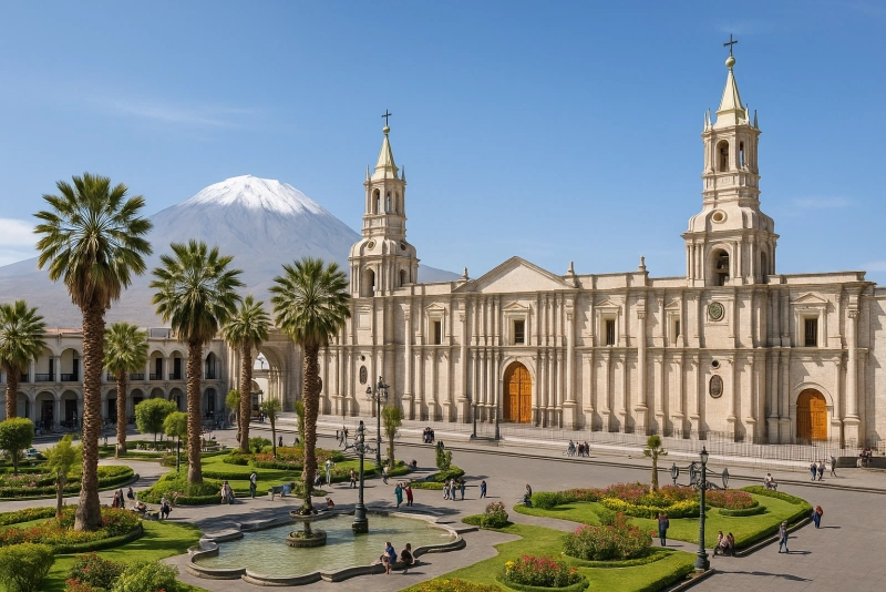 imagen de la plaza de armas de arequipa y al fondo el volcán misti