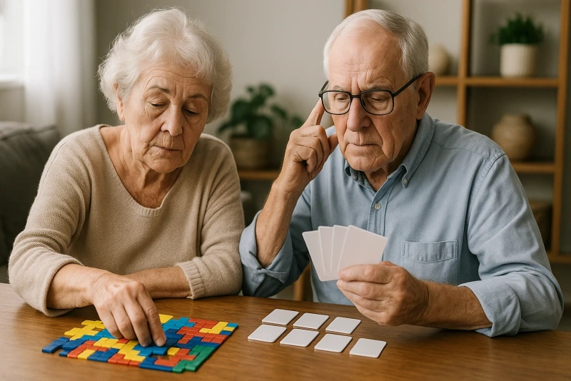 adultos mayores disfrutando juegos de memoria en pareja