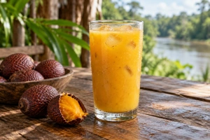 refrescante vaso de aguajina sobre mesa rústica en paisaje amazónico