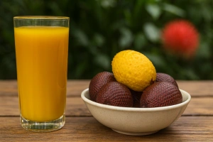 refrescante vaso de aguajina bebida amazónica junto a su fruta