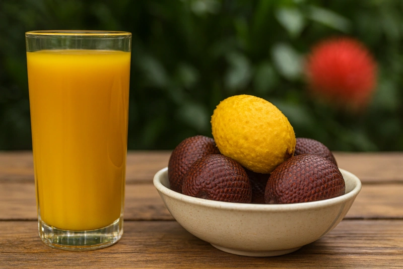 refrescante vaso de aguajina bebida amazónica junto a su fruta