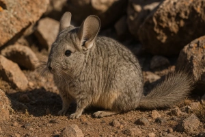 Chinchilla gris posando sobre una roca en su hábitat natural